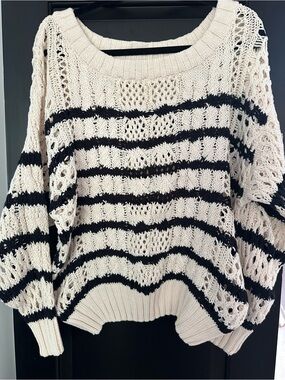 Cream and Black Striped Open-Weave Scoop Neck Sweater